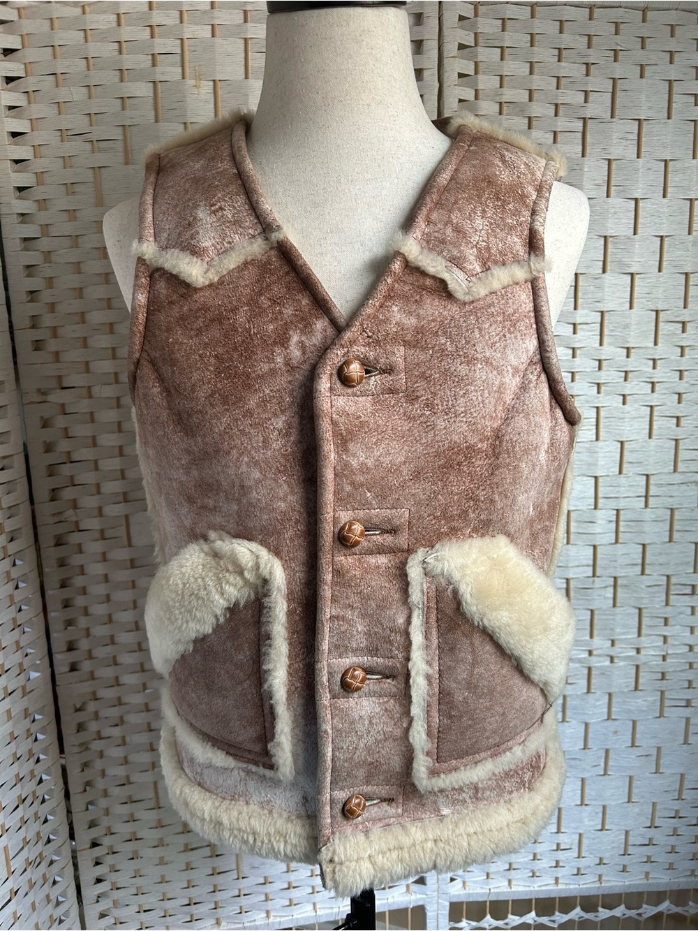 VTG 1980s Schott Vest Mouton Leather Shearling Sheepskin Brown Mens Size 38 USA